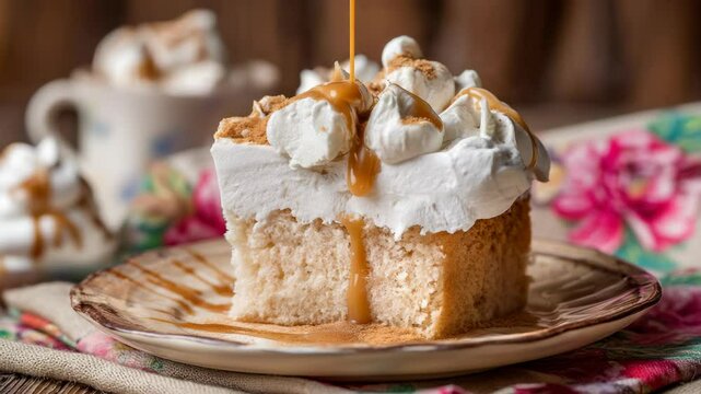 Sweet Three Milks Cake Slice with White Frosting and Caramel Drizzle on a Plate for dessert presentation.