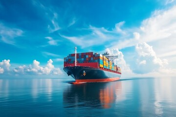Large Container Ship Fully Loaded with Multicolored Shipping Containers Sailing on Clear Blue Ocean Under Bright Sky,