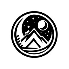 Night Mountain Wolf Circle Logo: Wilderness, Moon, Stars, Minimalist Black & White