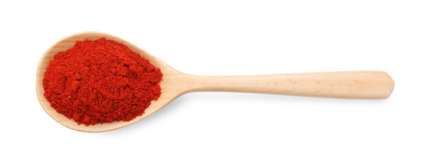 Aromatic red pepper powder in wooden spoon isolated on white, top view