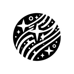 Cosmic Starry Night Circle Design - Black and White Silhouette