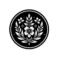Elegant Black and White Floral Emblem, Round Design