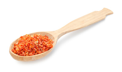 Dried carrots in wooden spoon isolated on white