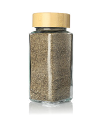 Ground black pepper in spice jar isolated on white
