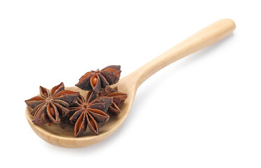 Aromatic anise stars in wooden spoon isolated on white