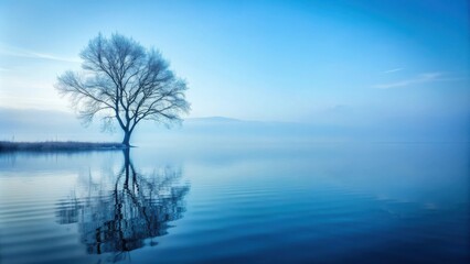 Serene Winter Landscape A Single Leafless Tree Silhouetted Against a Misty, Calm Lake at Dawn