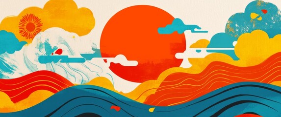 Flat illustration of a vibrant setting sun with orange and blue hues, featuring yellow floral patterns, geometric shapes, traditional Japanese wave motifs, and colorful clouds 