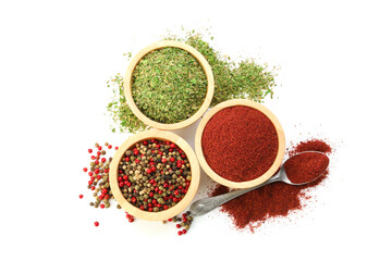 Different aromatic spices isolated on white, top view