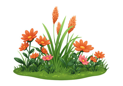 recommend clip art: オレンジ色の花と緑の葉を持つ明るい背景のイラスト 春の季節の庭の花の描写