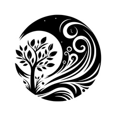 Black and White Tree of Life Symbol in Circle, Nature Illustration