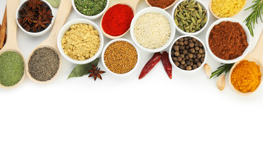 Different aromatic spices isolated on white, top view