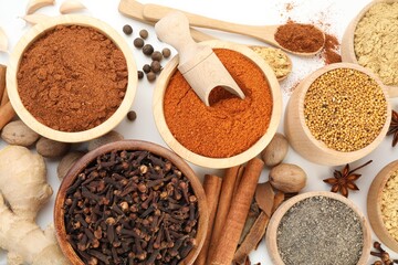 Different aromatic spices on white background, flat lay