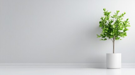Obraz premium A small green plant in a white pot standing on a minimalist white surface, simple and clean interior design, and natural and serene atmosphere.