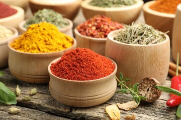 Different aromatic spices on wooden table, closeup