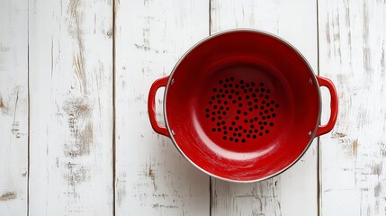 Red colander on white wooden background.