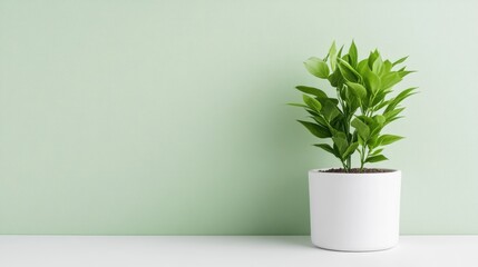 A green potted plant sitting on a white shelf against a light green wall, minimalist interior design, and natural home decor concept.