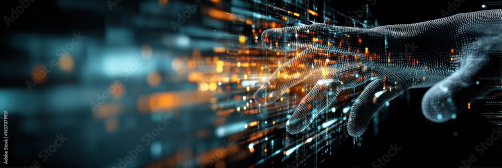 Poster Floating Holographic Code Above a Hand in a Dynamic Cyberspace Environment Showcasing Digital Interaction and Futuristic Technology