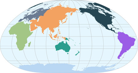 World vector map with continent boundaries and graticules in Asia-Pacific view (Loximuthal projection, PPT-compatible, pre-colored & fully editable)
