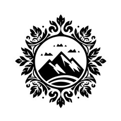 Elegant Mountain Badge: Black & White Crest Design