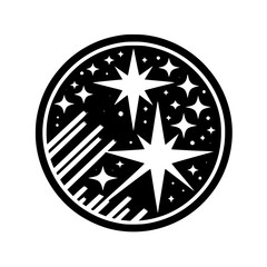 Abstract Celestial Icon: Starbursts in a Circle, Black & White Design