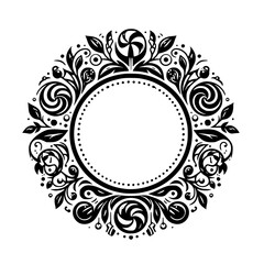 Elegant Black and White Floral Ornament Frame, Circle Design
