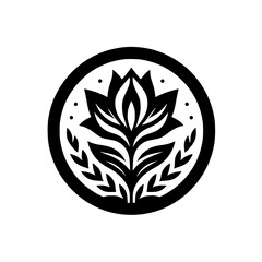Black and White Floral Emblem in Circle, Minimalist Design