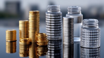Stacked Coins and Glass Jars Reflecting Wealth and Financial Growth in Modern Setting