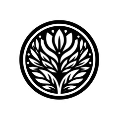 Elegant Black & White Floral Emblem, Botanical Design, Symbolic Round Logo