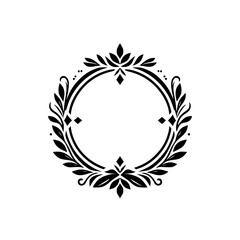 Elegant Black Floral Circle Frame on White, Decorative Crest