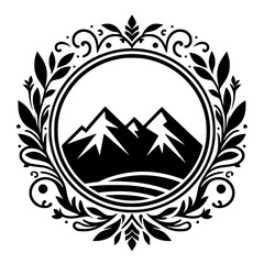 Ornate Mountain Crest: Black & White Nature Emblem