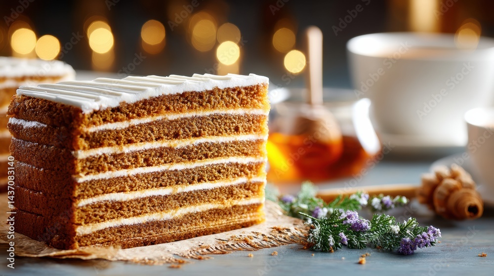 Poster delicious honey cake slice with visible layers and bright colors set against a blurred background
