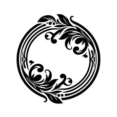 Elegant Black & White Floral Circle Frame, Ornamental Design