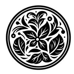 Floral Circle Ornament: Black and White Vector Design