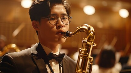 A young musician focused on his sheet music while playing saxophone in a concert setting.Saxophonist in Concert