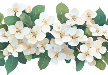 Obraz premium Horizontal border of watercolor white flowers and green leaves. Detailed floral illustration with soft color palette and seamless design. Perfect for spring and summer themes.