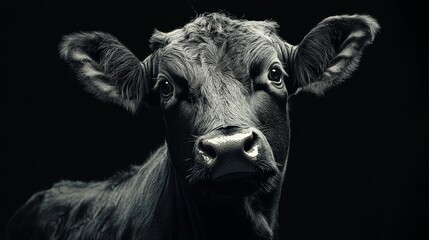 Naklejka premium Close-up Portrait of a Black Cow on black background