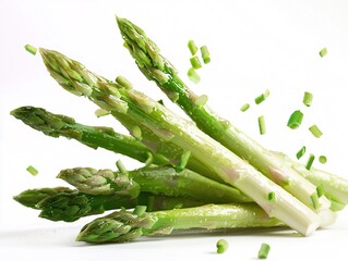 Fresh asparagus pile isolated on white background, high-resolution professional photography, highly detailed, shadow-free.