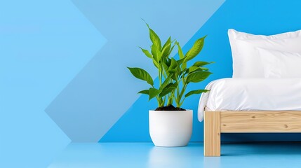 Peaceful bedroom arrangement with a green plant and modern blue geometric background