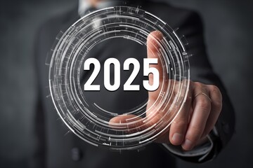 A businessman touches a digital target symbol with "2025", symbolizing strategic goal setting for the future. Business plan target strategy, Planning and challenge business strategy in new year
