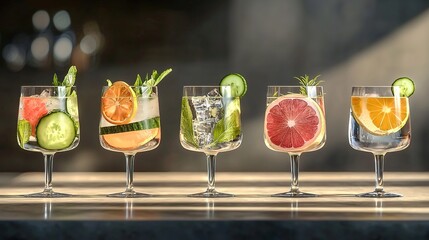 Row of five gin and tonic drinks with garnishes, cucumber and grapefruit slices, elegant cocktails on blurred background, perfect for beverage promotions.
