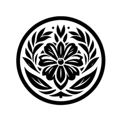 Black and White Floral Circular Emblem - Vector Illustration