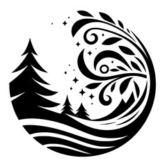 Circular Nature Design: Trees, Mountains, Moon, and Decorative Elements