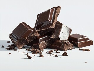 Minimalist photo of pieces of chocolate on white background, focusing on texture and color, capturing the luxury and deliciousness of sweet chocolate.