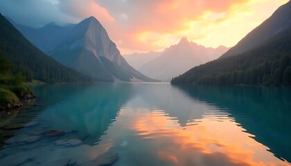 Serene Sunset over Mountain Lake Peaceful nature scene with tranquil water reflecting vibrant sky colors