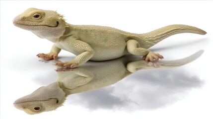 Fototapeta premium Elegant White Bearded Dragon Reflecting on Shiny Surface with Soft Cloud Background