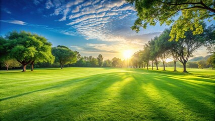 Serene Sunrise Over Lush Green Meadow with Majestic Trees
