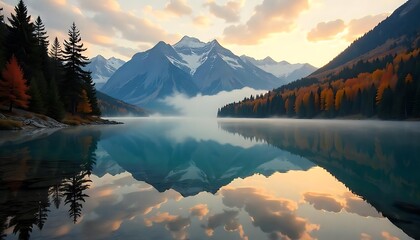 Serene Autumn Lake Mirroring Majestic Mountains at Sunrise