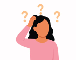 Confused Woman with Question Marks Flat Minimal Vector Illustration.
