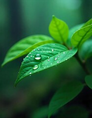 Vibrant Green Leaves with Dewdrops Nature Photography