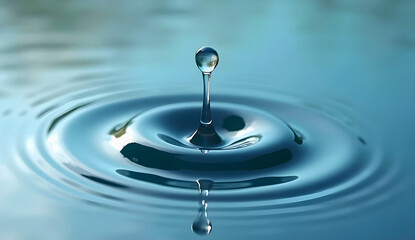 A clear blue water drop makes a splashing ripple on the wet surface